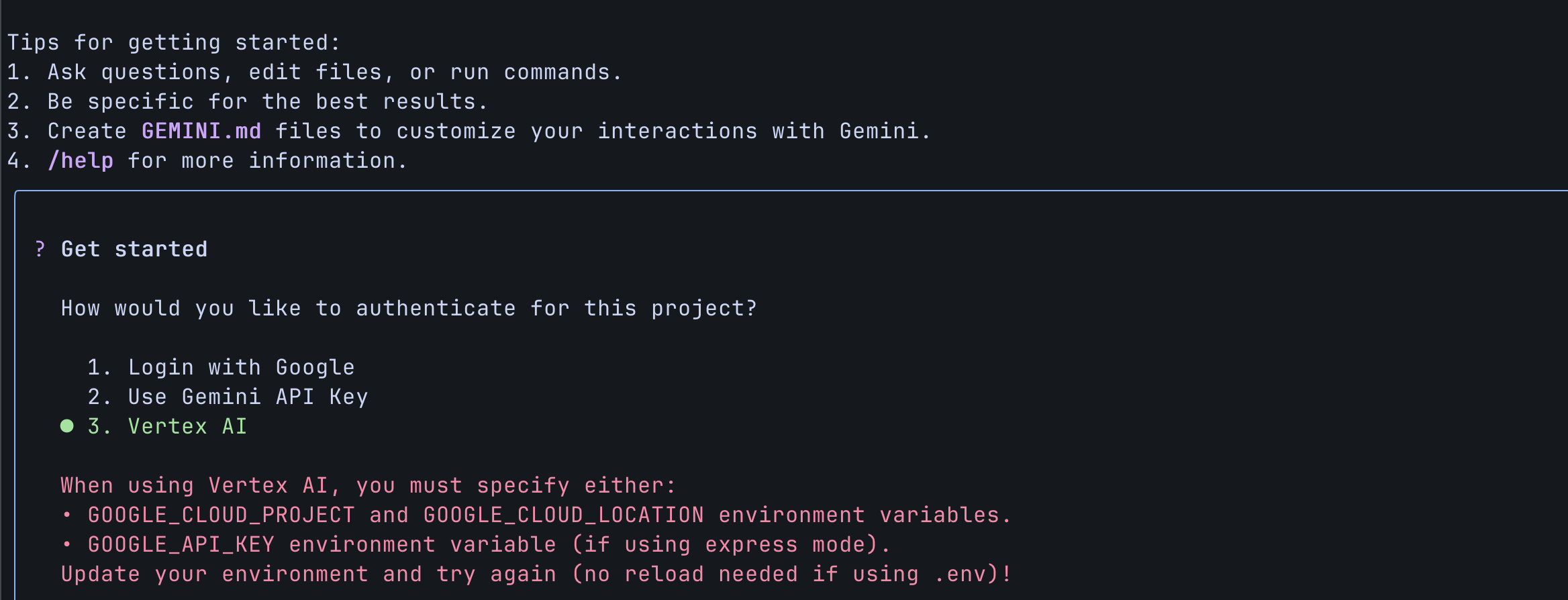 Imagem do comando /auth sendo utilizado no Gemini CLI