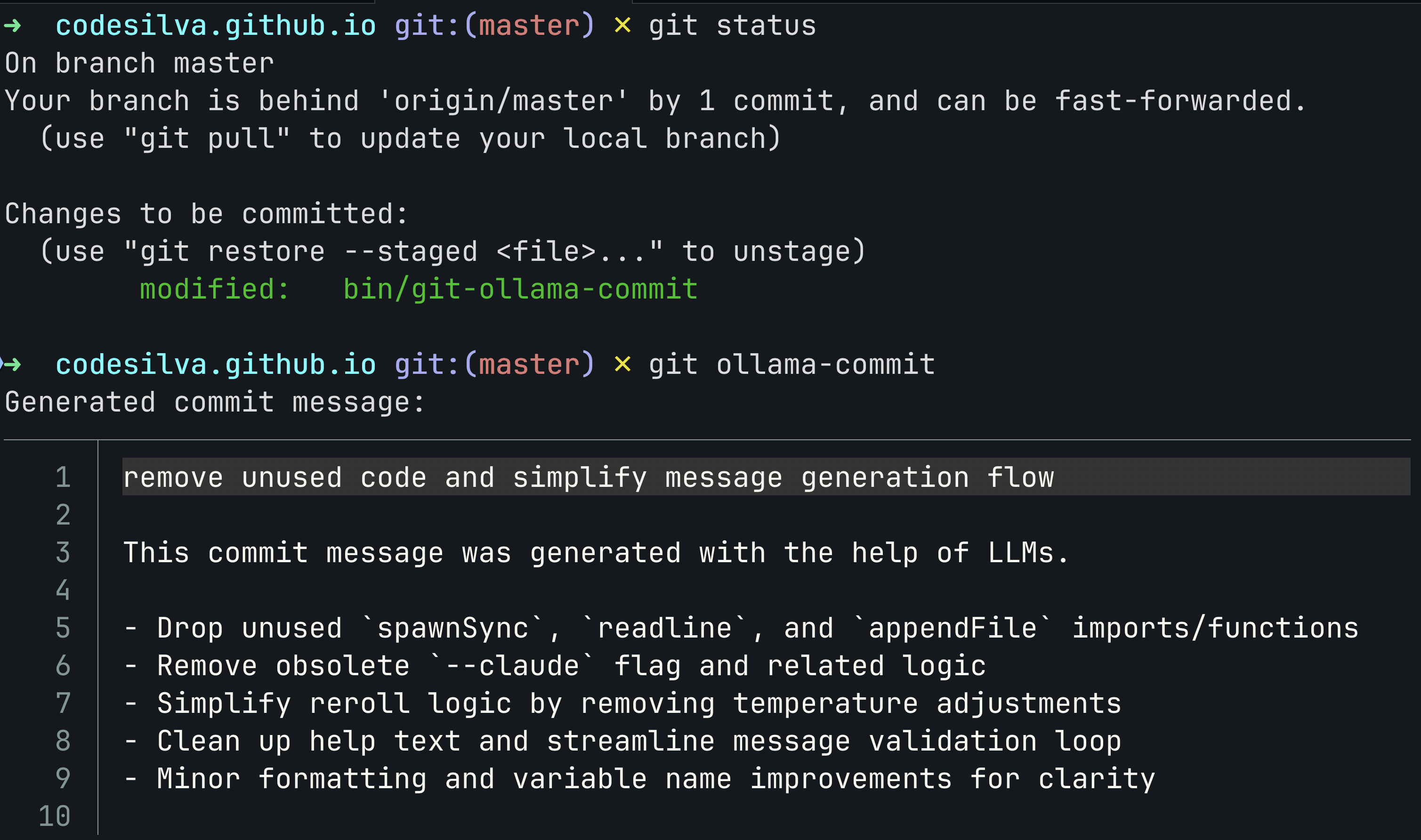 Extensão git ollama-commit em ação